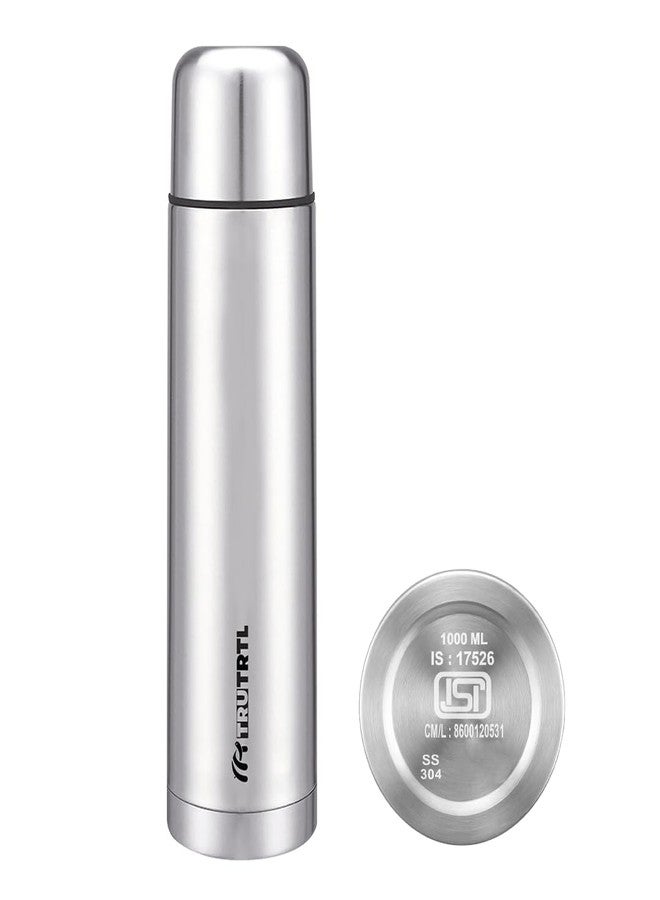truTRTL Thermosteel Water Bottle 1L with Bag| 24 Hr Hot & Cold | Leak Proof Lid | ISI Certified | Vacuum Insulated | Bottle for Office, Gym, School I Silver - Image 1